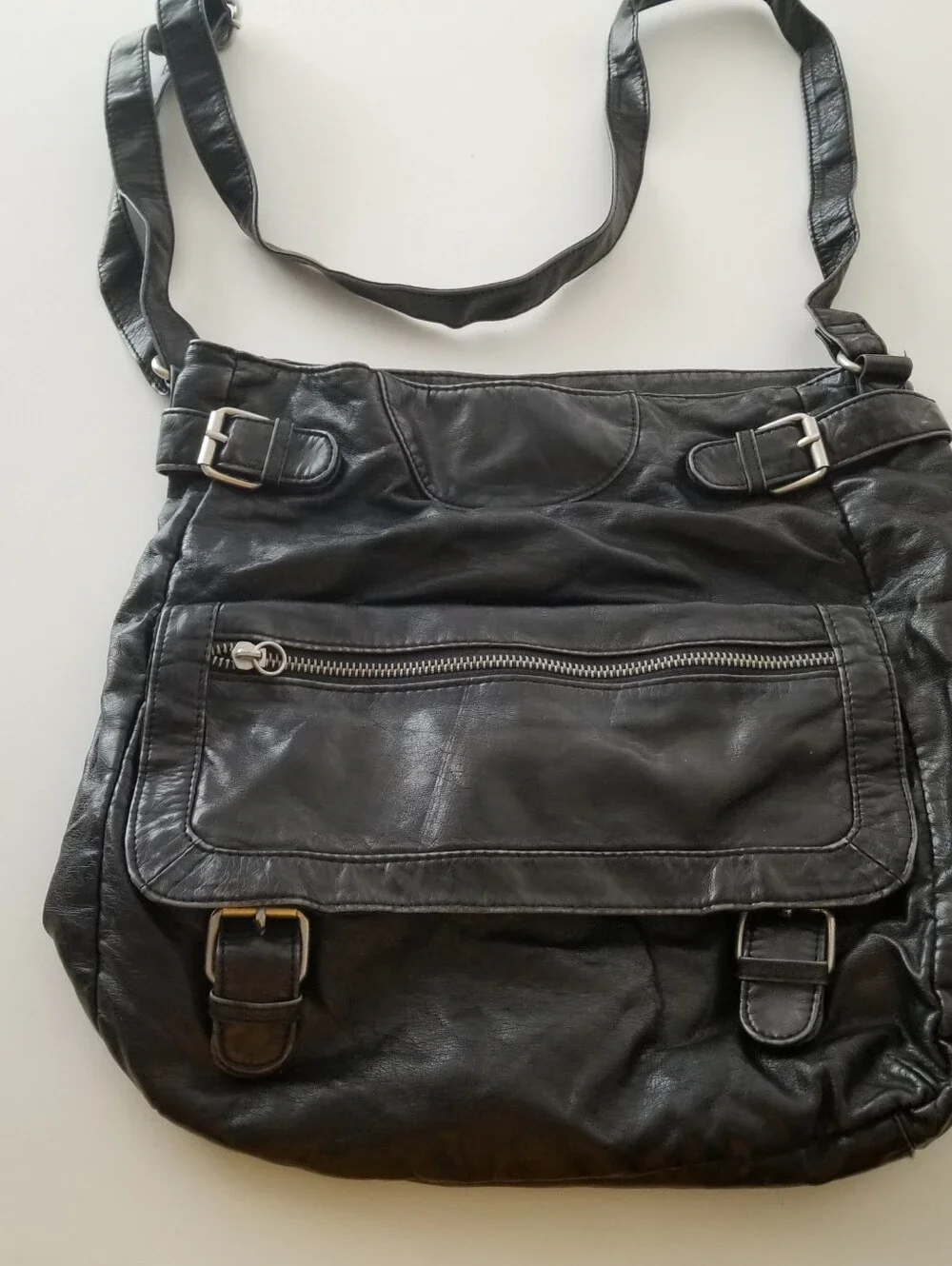 Y2K Black Faux Leather Crossbody Shoulder Bag Buckle Zip Accent